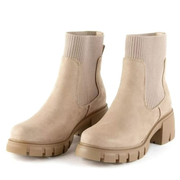 New Wheat Beige Chelsea Sweater Platform Chunky Heel Ankle Boots Booties - Picture 2 of 3